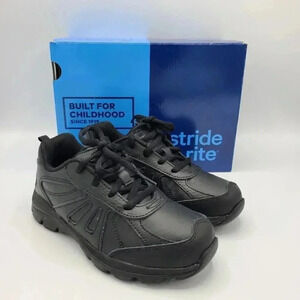 Stride Rite Cooper 2.0 Black Leather Sneakers Lace Up 13W Wide Fit New In Box
